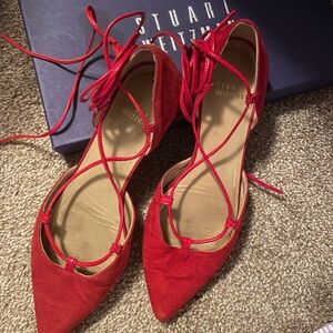 Red flats ankle tie Stuart Weitzman Gilligan suede